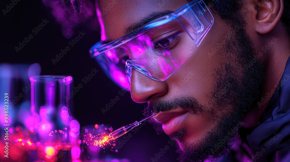 Aufkleber an enthusiastic scientist carefully analyzes vibrant liquids in test tubes, demonstrating a deep com