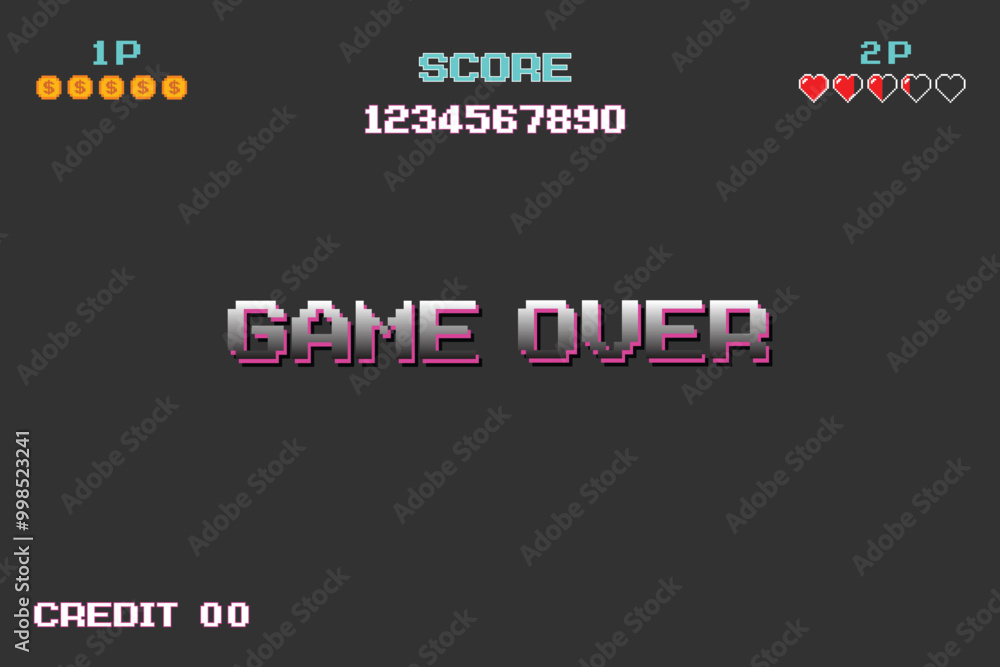Poster game over. pixel art .8 bit game. retro game. for game assets in vector illustrations.
