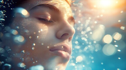 Person underwater with eyes closed, holding breath, surrounded by rising bubbles. Crystal clear water, focused on subject.