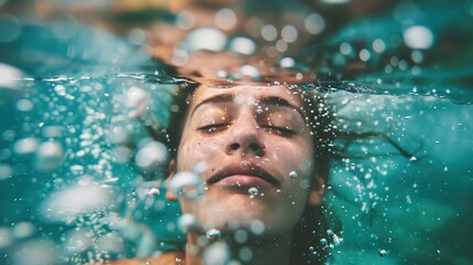 Person underwater with eyes closed, holding breath, surrounded by rising bubbles. Crystal clear water, focused on subject.