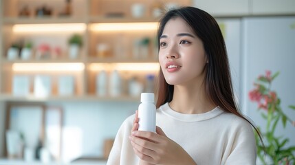 Woman holding small bottle of weight-loss pills, looking determined and focused in a minimalist, well-lit room with copy space for text.