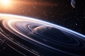 An image of the rings around Saturn, with Earth visible in the background of outer space. 