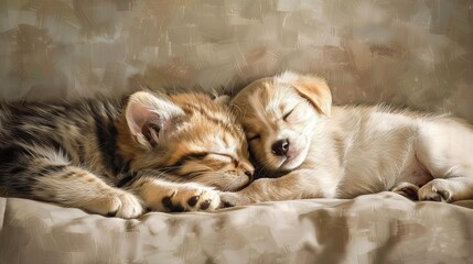 Obraz premium Adorable kitten and puppy napping together in a cozy home, exuding warmth and companionship