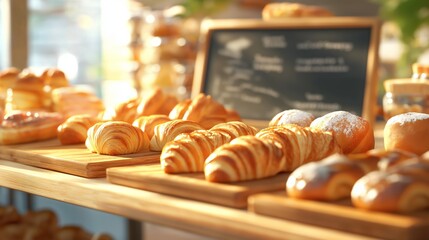 Freshly baked pastries displayed in a bakery showcasing a variety of croissants and breads in the morning sunlight, 3d illustration.