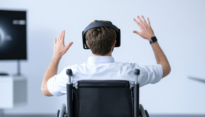 A cheerful man in a wheelchair participating in a virtual reality team meeting, using VR hand gestures to communicate with his team.