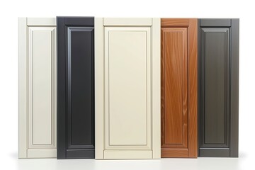 Obraz premium Various Wood Finish Samples Dark and Light Cabinets. Diverse wooden finishes applied in cabinetry. Cabinet door in a row. Furniture isolated on white. Trendy interior units. Home improvement concept.