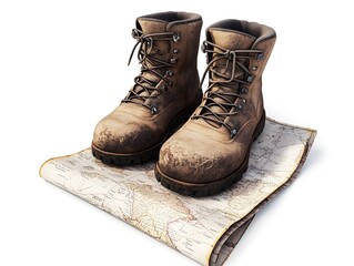 Rugged Hiking Boots and Vintage Map on Pristine White Background