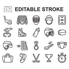 Collection of hockey icons. Contains icons such as hockey stick, helmet, knee guard. Thin line vector.
