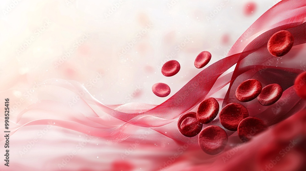 Poster abstract artistic representation of red blood cells flowing through veins with soft light and fluid 