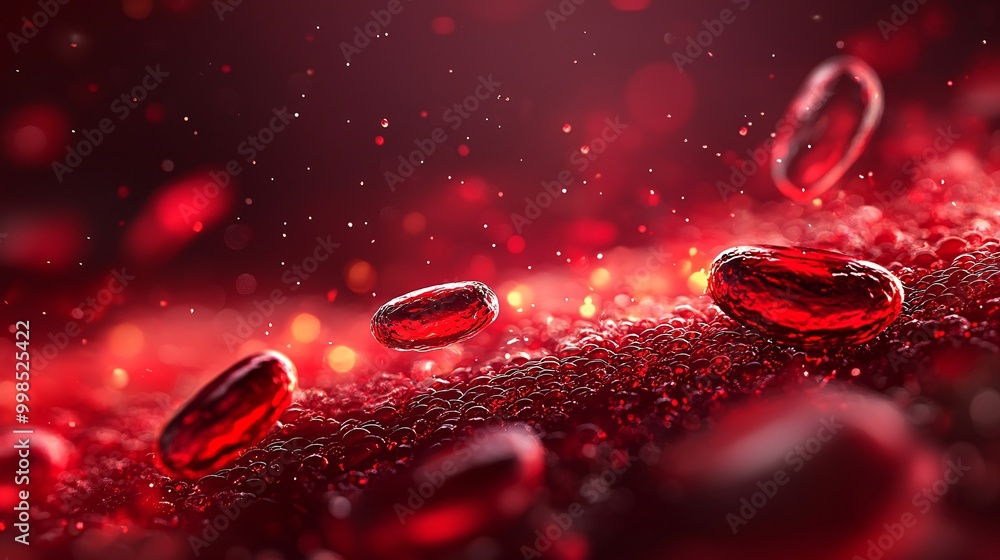 Poster close-up of red blood cells in motion with a vibrant red background and sparkling particles