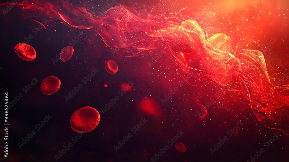 Poster vivid artistic representation of red blood cells in a dynamic flow with abstract background