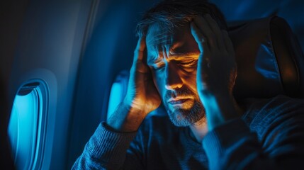 Obraz premium A man is sitting in an airplane with his head in his hands