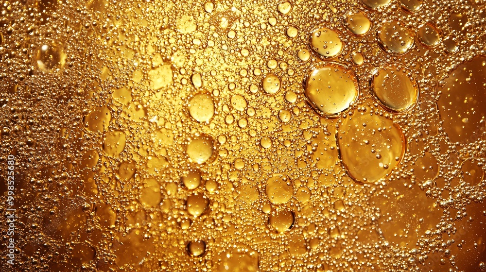 Poster close-up of golden bubbles in liquid creating abstract texture and pattern