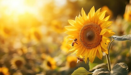 Fototapeta premium Sunflower Field with Bees in Bright Sunlight