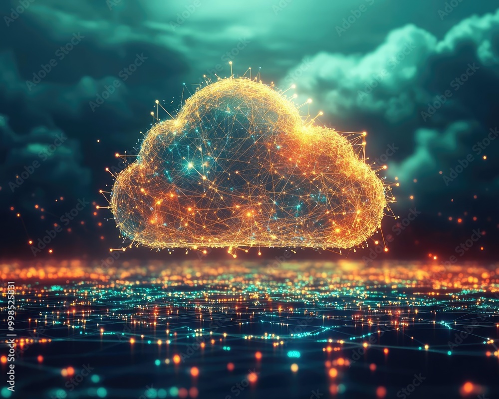Poster a digital cloud made of glowing particles floating above a network of shimmering lights, symbolizing