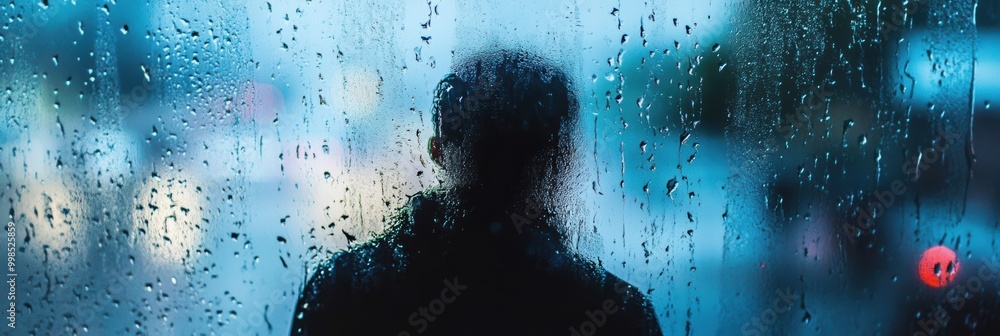 Poster a solitary person stands by a window, watching raindrops trickle down the glass, enveloped in a mood