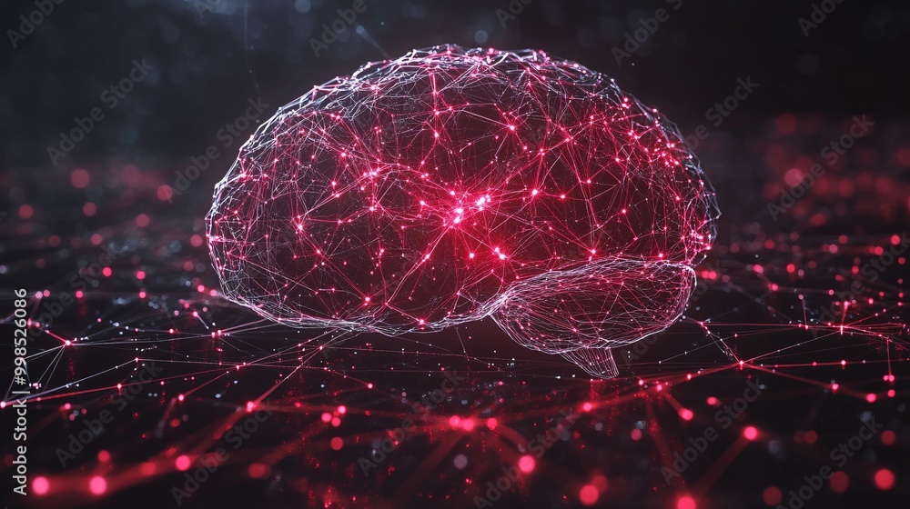Poster futuristic digital brain with neural network connections and glowing red nodes on dark background