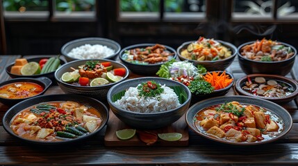 Obraz premium Vibrant Asian Cuisine Spread on Wooden Table