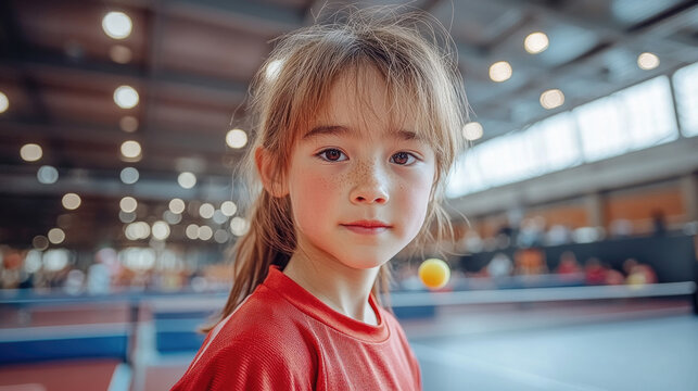 A young girl shows determination while practicing table tennis in a busy indoor sports facility filled with activity and energy - Powered by Adobe
