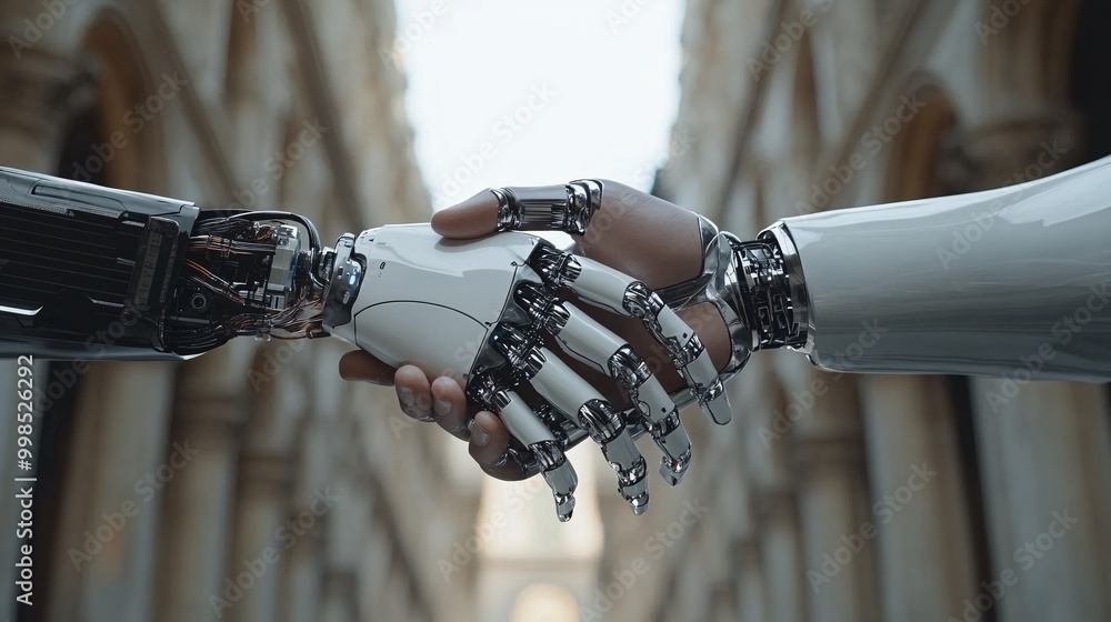 Aufkleber human and robot handshake symbolizing future collaboration and technological advancement in urban se