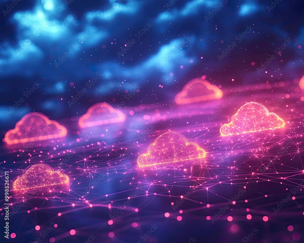 Poster futuristic digital clouds interconnected through glowing networks, vibrant colors creating an ethere