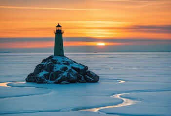 A serene winter scene features a green lighthouse on a rocky island surrounded by frozen water, with a small boat in the distance and a sunset casting a warm glow over the scene