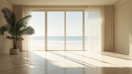 Fototapeta premium Sunlit Modern Living Room with Ocean View Through Large Windows and Minimalist Decor