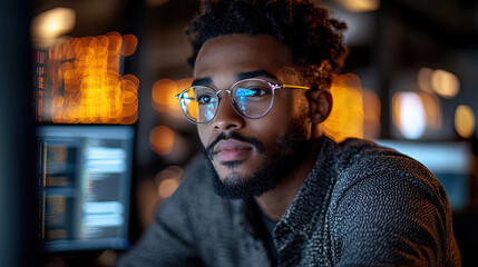 A young man is deeply focused on his work, analyzing data on several computer screens in a modern office illuminated by city lights