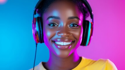 A smiling African American woman at her home office desk, participating in a virtual team meeting on her laptop.