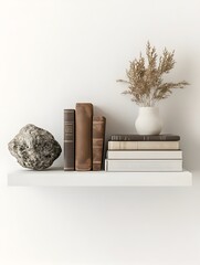 Sleek White Floating Wall Shelf Showcasing Artful Arrangement of Books  Ceramics  and Natural Elements Against Minimalist Backdrop