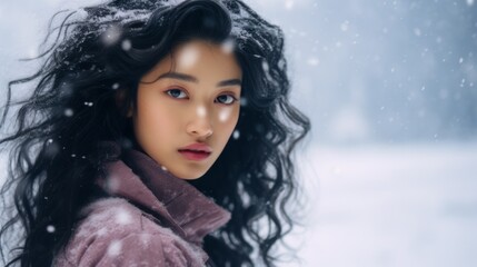 Portrait of gorgeous asian girl in warm clothes during cold winter. Neural network ai generated art