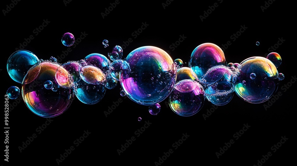 Poster colorful iridescent soap bubbles floating against a black background in a mesmerizing abstract patte