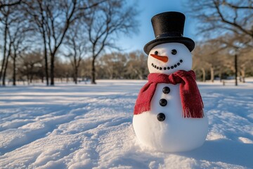 Cheerful Snowman with Red Scarf in Winter Park