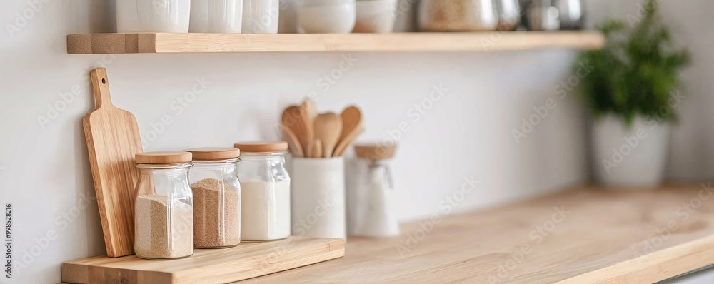 Poster organized spice rack in clutter-free small kitchen - efficient wall-mounted storage solution for com
