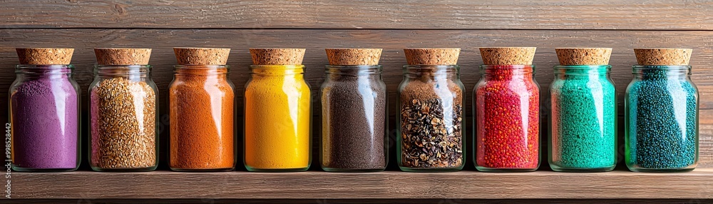 Poster bohemian spice rack display - colorful spices in an organized open shelf design with artistic elemen