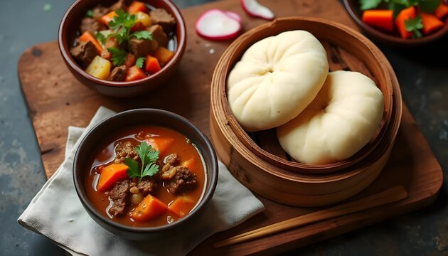 Tingmo Steamed Tibetan Bread Served with Hearty Beef Stew (Tibetan Cuisine)