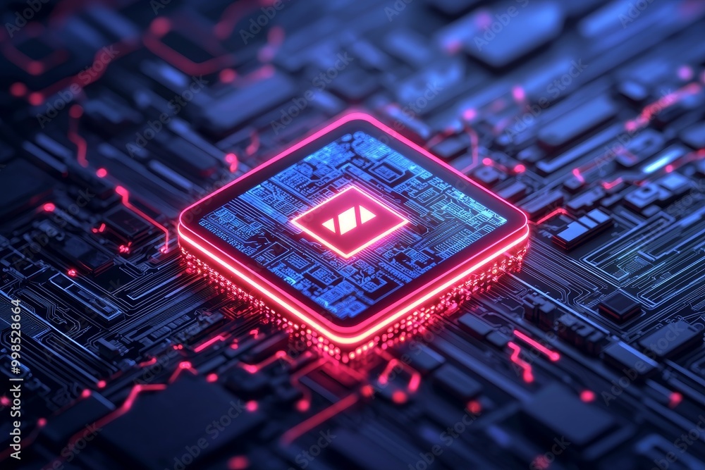 Poster a close-up view of a glowing microchip on a dark circuit board, showcasing intricate details and vib