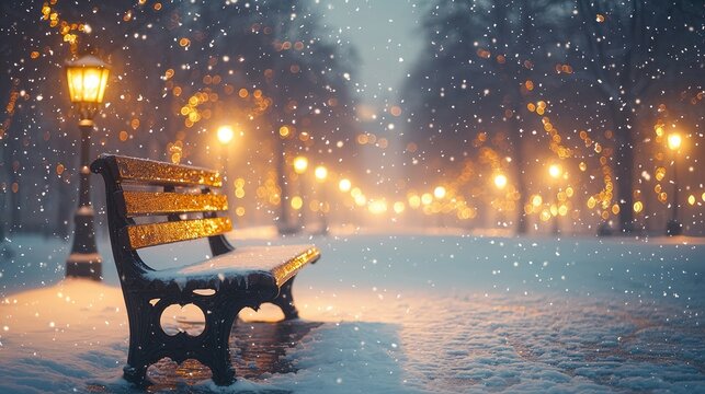 A nighttime city park showcases a bench and lantern, surrounded by snow-covered trees creating a dark atmospheric winter landscape. - Powered by Adobe