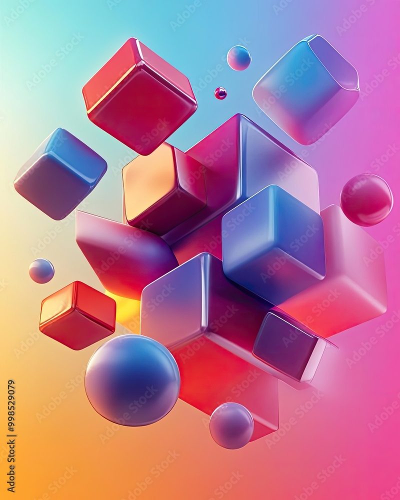 Poster abstract composition of colorful 3d shapes including cubes and spheres, floating against a soft grad