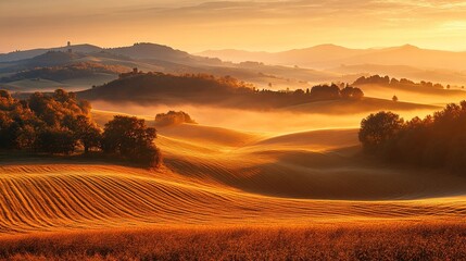 Obraz premium Golden Sunrise Over Rolling Hills with Mist and Trees in a Serene Countryside Landscape
