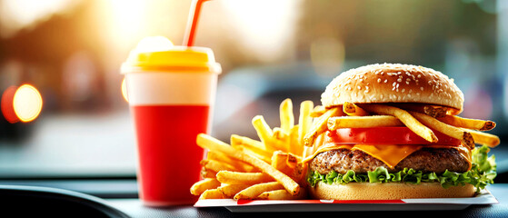 A combo meal with fries and a drink, placed on a drive-thru tray focus on, fast service theme, realistic, composite, car dashboard backdrop