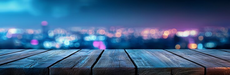 A wooden tabletop glowing under soft ambient light, with a blurred city night background and bokeh lights adding a magical touch.