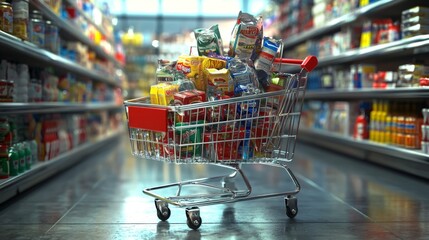 Shopping cart filled with items and groceries ready for purchase. Supermarket trolley full of goods