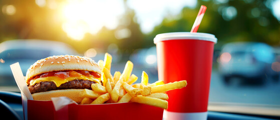 A combo meal with fries and a drink, placed on a drive-thru tray focus on, fast service theme, realistic, composite, car dashboard backdrop