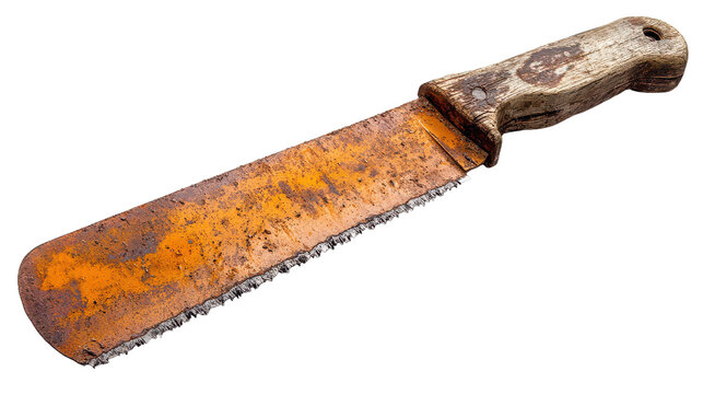 An old, rusted machete rests on a weathered surface, showcasing its intricate wear and character from years of use outdoors - Powered by Adobe