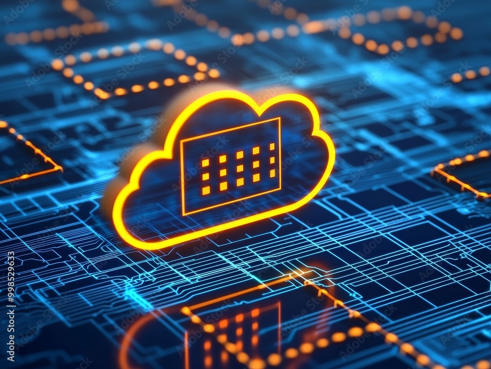 Poster a vibrant cloud symbol representing digital data storage, illuminated with circuitry patterns, refle