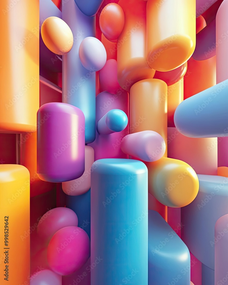 Poster colorful abstract shapes floating in a vibrant, three-dimensional space, creating a lively and dynam