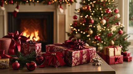 Luxurious Holiday Gift Wrapping Station with Christmas Tree and Cozy Fireplace in Chic Living Room