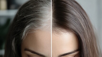 Woman's hair before and after coloring, showing a dramatic transformation from gray to brown.