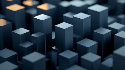 Obraz premium An abstract urban landscape with blue geometric towers stretching into the light, creating a futuristic, digital city feel.